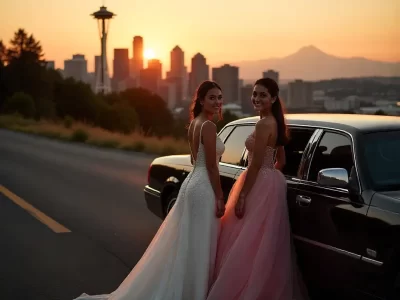 Quinceañera celebration with luxury limousine and Seattle skyline at sunset