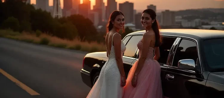 Quinceañera celebration with luxury limousine and Seattle skyline at sunset