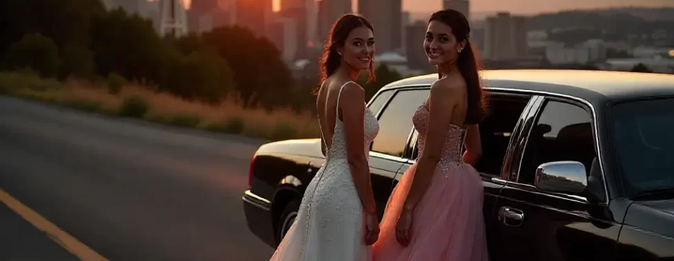 Quinceañera limo seattle  celebration with luxury limousine and Seattle skyline at sunset