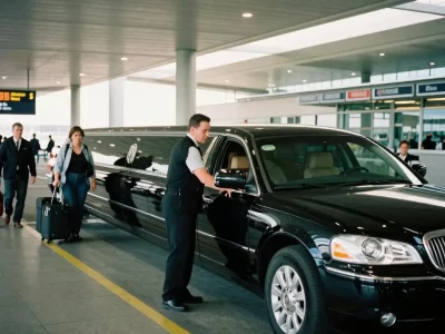 A professional chauffeur opens the door of a black stretch limousine for passengers at the Seattle-Tacoma International Airport (Sea-Tac) terminal, representing Seattle Airport Limo Services.