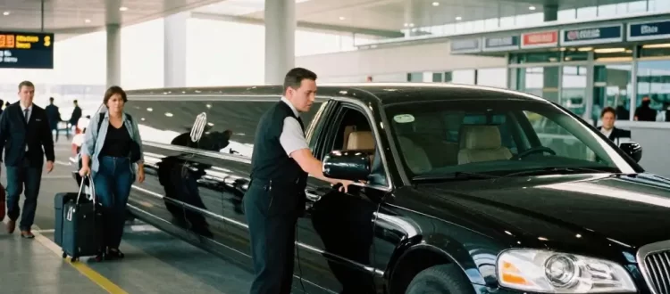 A professional chauffeur opens the door of a black stretch limousine for passengers at the Seattle-Tacoma International Airport (Sea-Tac) terminal, representing Seattle Airport Limo Services.