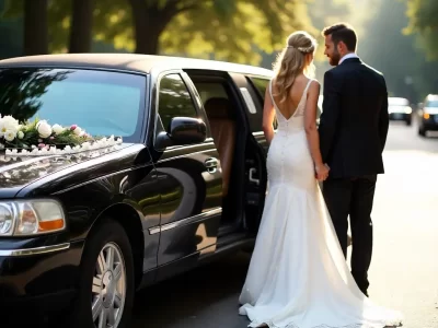 Elegant wedding couple beside a black stretch limousine