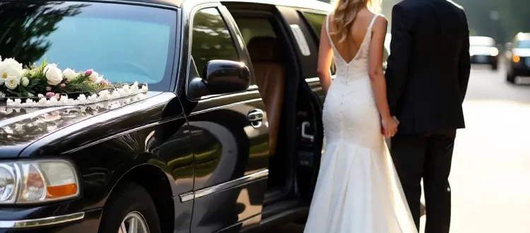 Elegant wedding couple beside a black stretch limousine
