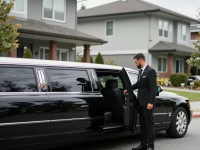 Professional chauffeur opening luxury stretch limousine for limousine service Bellevue WA