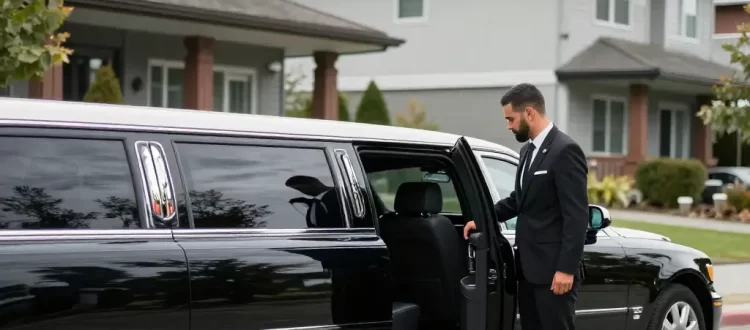 Professional chauffeur opening luxury stretch limousine for limousine service Bellevue WA