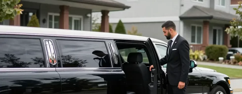 Professional chauffeur opening luxury stretch limousine for limousine service Bellevue WA