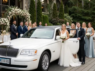Bride and groom with luxury limousine for Seattle Wedding Transportation at elegant wedding venue