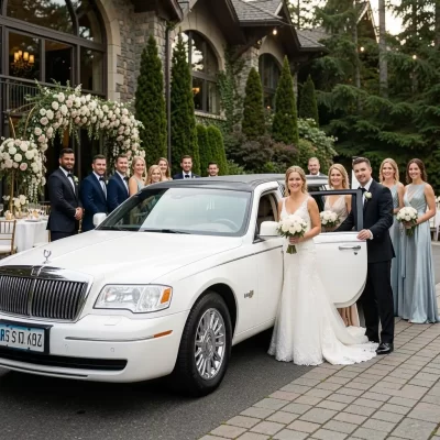 Bride and groom with luxury limousine for Seattle Wedding Transportation at elegant wedding venue