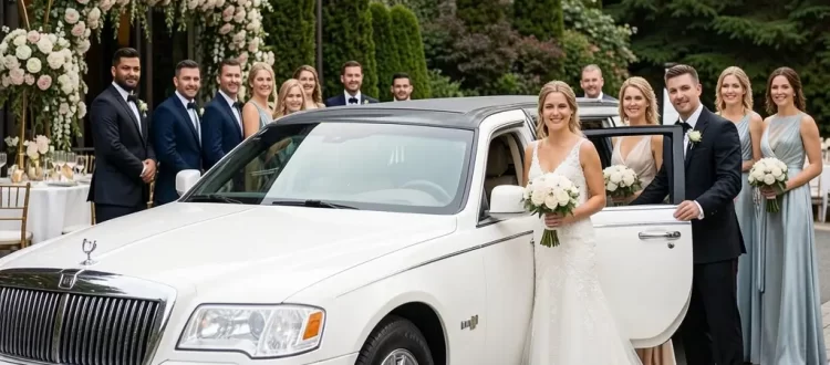 Bride and groom with luxury limousine for Seattle Wedding Transportation at elegant wedding venue