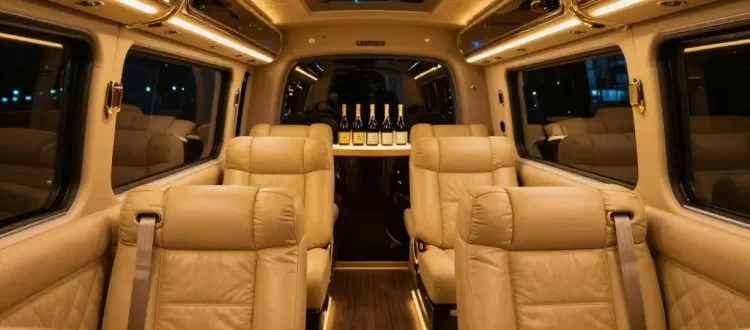 Party Bus Seattle luxury interior with leather seating and ambient lighting